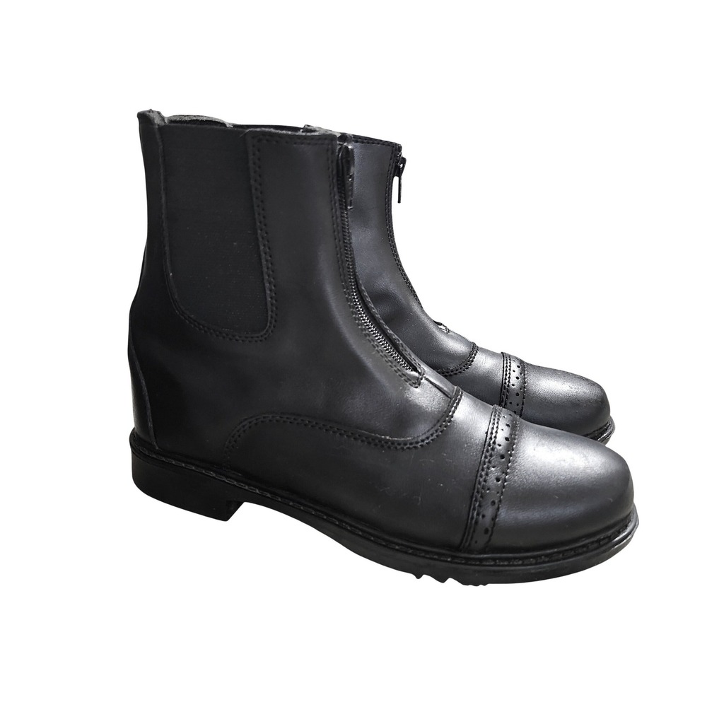 TuffRider Front Zip Paddock Boots Womens 8.5 Black Leather Cap Toe Ankle Booties